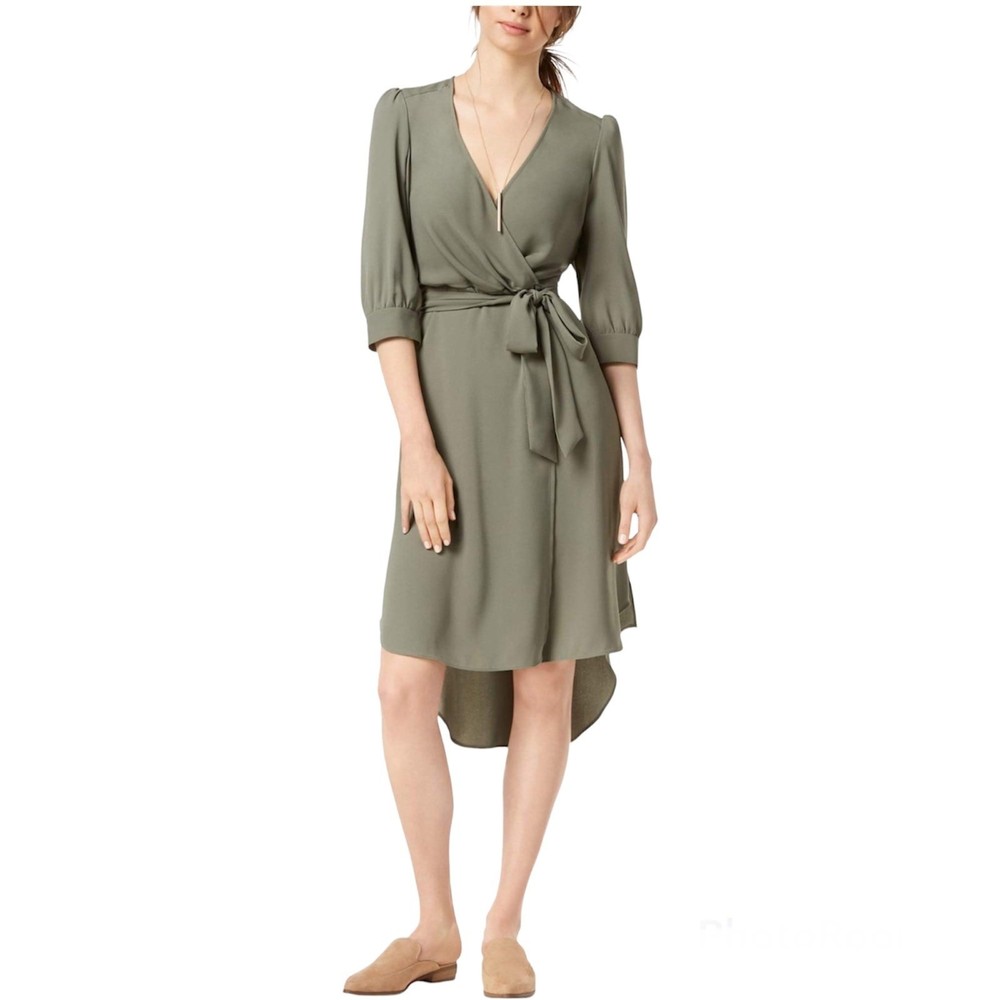 Women’s Olive Wrap Midi Dress with Tie Waist